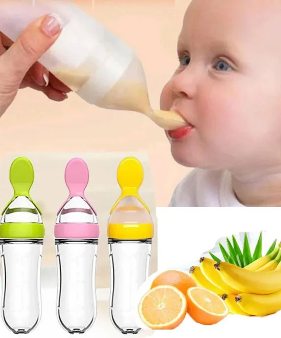 Hot Selling Baby Feeding Silicone Bottle With Spoon 3 Oz Food Dispensing Spoon Food Squeeze Spoon for Boys Girl Kids Toddlers