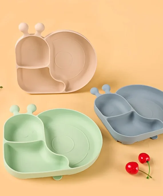 New Silicone Baby Food Plates with Suction Cups, Cartoon 3-Grid Dinner Plate, Anti-Drop Children's Feeding Tableware