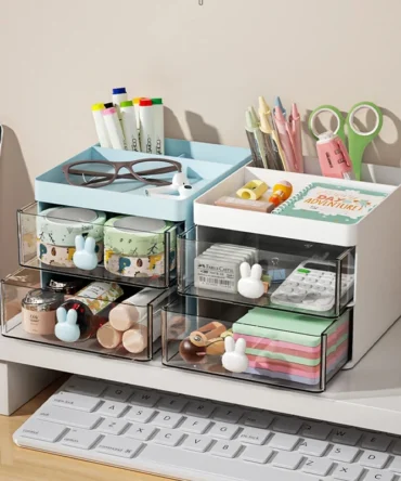 Small Desk Organizer With Drawer, Office Desktop Storage Box Makeup Organizer Business Card/Pen/Pencil/Mobile Phone/Stationery
